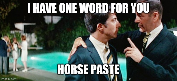 one word plastics | I HAVE ONE WORD FOR YOU; HORSE PASTE | image tagged in one word plastics | made w/ Imgflip meme maker