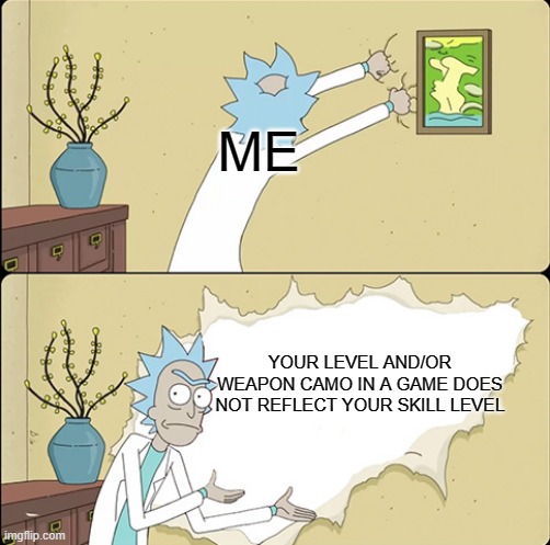 Updated bcuz why not | ME; YOUR LEVEL AND/OR WEAPON CAMO IN A GAME DOES NOT REFLECT YOUR SKILL LEVEL | image tagged in rick ripping the wall | made w/ Imgflip meme maker