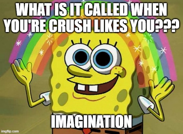 Imagination Spongebob Meme | WHAT IS IT CALLED WHEN YOU'RE CRUSH LIKES YOU??? IMAGINATION | image tagged in memes,imagination spongebob | made w/ Imgflip meme maker