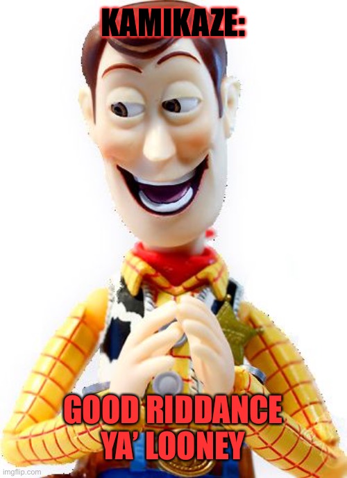 Happy Woody | KAMIKAZE: GOOD RIDDANCE YA’ LOONEY | image tagged in happy woody | made w/ Imgflip meme maker