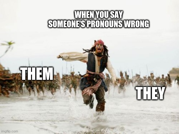 Jack Sparrow Being Chased | WHEN YOU SAY SOMEONE'S PRONOUNS WRONG; THEM; THEY | image tagged in memes,jack sparrow being chased | made w/ Imgflip meme maker