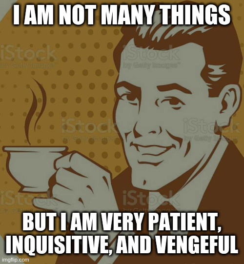 in the best possible way | I AM NOT MANY THINGS BUT I AM VERY PATIENT, INQUISITIVE, AND VENGEFUL | image tagged in mug approval,integrity | made w/ Imgflip meme maker