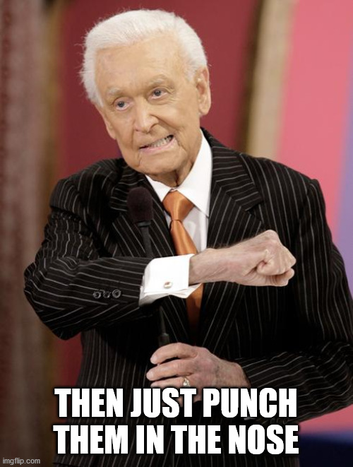 bob barker | THEN JUST PUNCH THEM IN THE NOSE | image tagged in bob barker | made w/ Imgflip meme maker