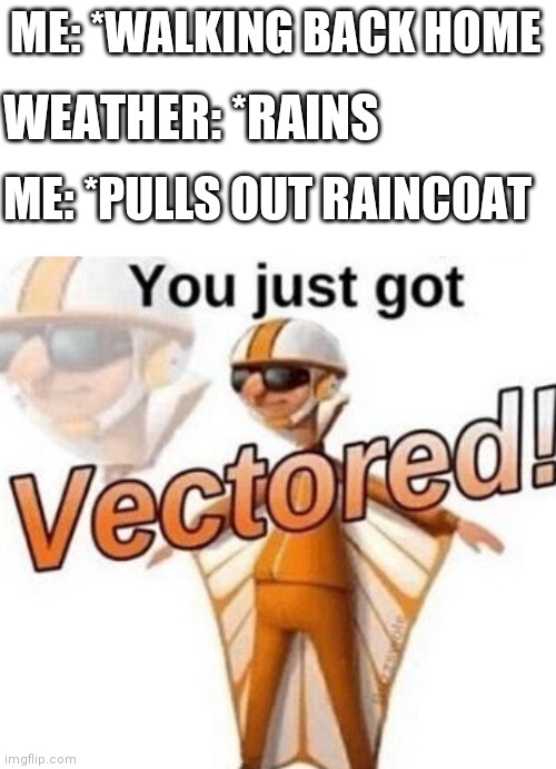 Raincoat | ME: *WALKING BACK HOME; WEATHER: *RAINS; ME: *PULLS OUT RAINCOAT | image tagged in you just got vectored | made w/ Imgflip meme maker