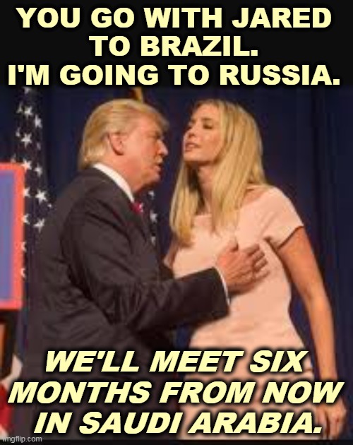 Only places with no extradition treaties. | YOU GO WITH JARED 
TO BRAZIL. 
I'M GOING TO RUSSIA. WE'LL MEET SIX 
MONTHS FROM NOW 
IN SAUDI ARABIA. | image tagged in trump touches his wife er daughter,trump,ivanka,flight,escape,bail | made w/ Imgflip meme maker