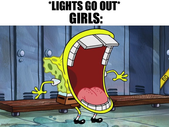 my first meme | *LIGHTS GO OUT*; GIRLS: | image tagged in spongebob,girls | made w/ Imgflip meme maker