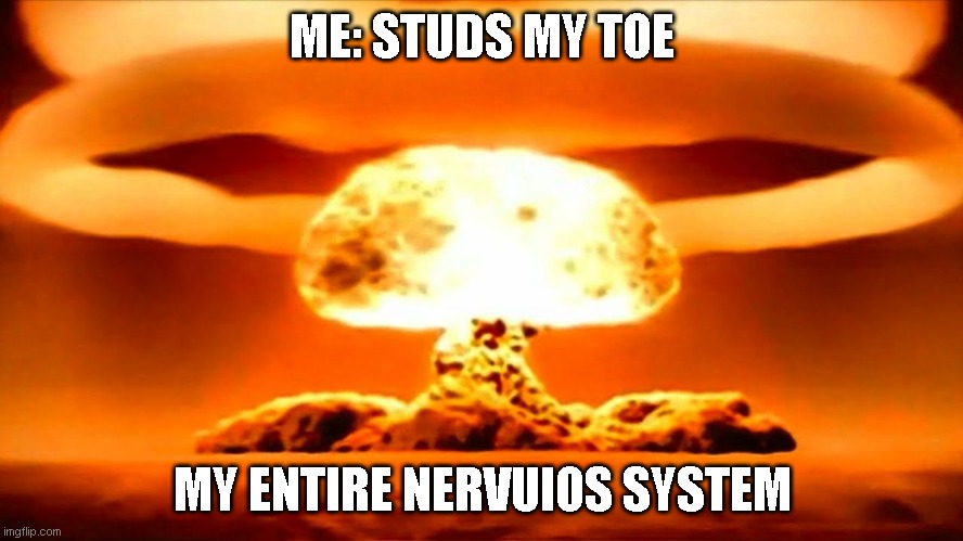 Nuke | ME: STUDS MY TOE; MY ENTIRE NERVUIOS SYSTEM | image tagged in nuke | made w/ Imgflip meme maker