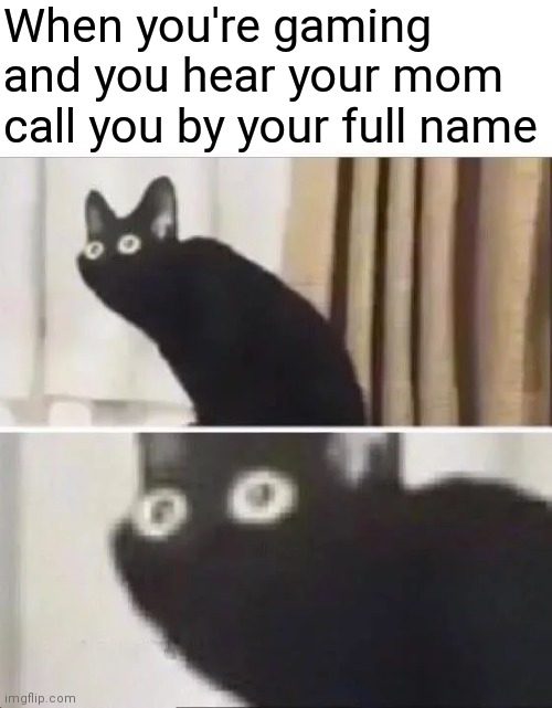 The ultimate fear | When you're gaming and you hear your mom call you by your full name | image tagged in oh no black cat | made w/ Imgflip meme maker