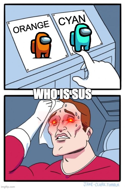 AMONG US WHO IS SUS | CYAN; ORANGE; WHO IS SUS | image tagged in memes,two buttons | made w/ Imgflip meme maker