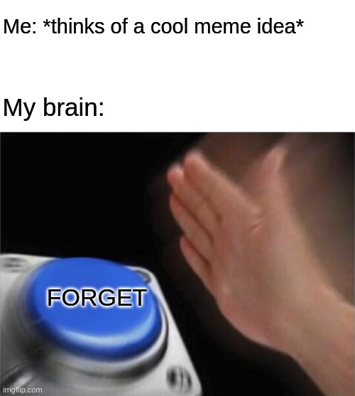 Blank Nut Button Meme | Me: *thinks of a cool meme idea*; My brain:; FORGET | image tagged in memes,blank nut button | made w/ Imgflip meme maker