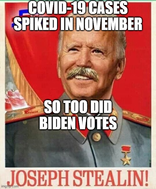 COVID-19 cases spiked in November; So too did Biden votes | COVID-19 CASES SPIKED IN NOVEMBER; SO TOO DID BIDEN VOTES | image tagged in joseph stealin bidensky | made w/ Imgflip meme maker