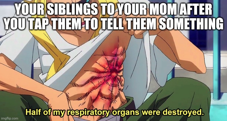 Siblings be like | YOUR SIBLINGS TO YOUR MOM AFTER YOU TAP THEM TO TELL THEM SOMETHING | image tagged in half of my respiratory organs were destroyed,memes,fun,funny,funny memes | made w/ Imgflip meme maker