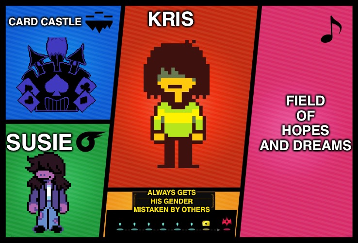 Kris Fighter | CARD CASTLE; KRIS; FIELD OF HOPES AND DREAMS; SUSIE; ALWAYS GETS HIS GENDER MISTAKEN BY OTHERS | image tagged in smash ultimate dlc fighter profile,kris,deltarune,undertale,susie,super smash bros | made w/ Imgflip meme maker