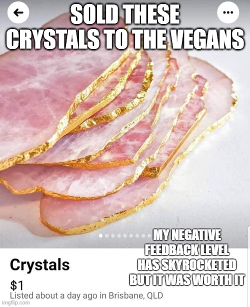 Crystals for Vegans | SOLD THESE CRYSTALS TO THE VEGANS; MY NEGATIVE FEEDBACK LEVEL HAS SKYROCKETED BUT IT WAS WORTH IT | image tagged in vegan logic,funny memes,online shopping,psychic,new age,anti-religious | made w/ Imgflip meme maker