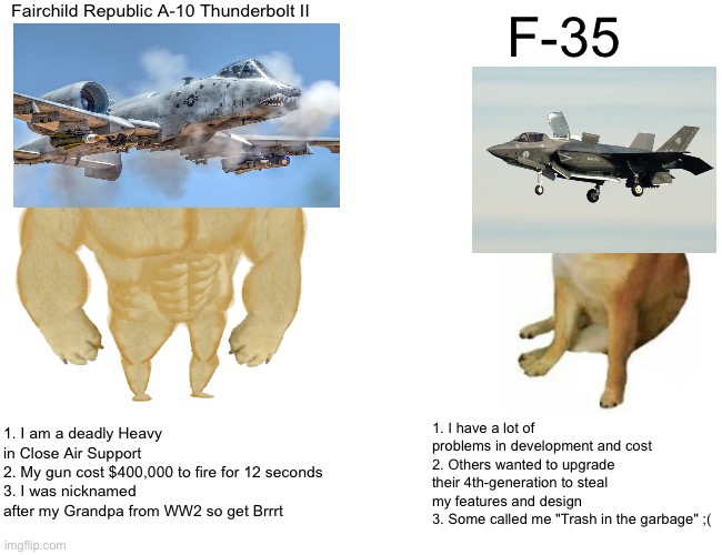 A cool boi from the 80s vs a completly new guy from today | Fairchild Republic A-10 Thunderbolt II; F-35; 1. I have a lot of problems in development and cost
2. Others wanted to upgrade their 4th-generation to steal my features and design
3. Some called me "Trash in the garbage" ;(; 1. I am a deadly Heavy in Close Air Support 
2. My gun cost $400,000 to fire for 12 seconds 
3. I was nicknamed after my Grandpa from WW2 so get Brrrt | image tagged in memes,buff doge vs cheems,aviation,f-35,a-10,fighter jet | made w/ Imgflip meme maker