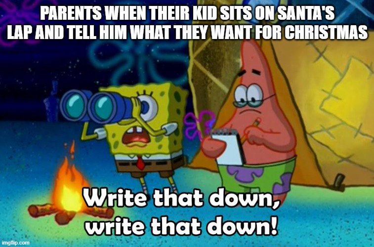 write that down | PARENTS WHEN THEIR KID SITS ON SANTA'S LAP AND TELL HIM WHAT THEY WANT FOR CHRISTMAS | image tagged in write that down | made w/ Imgflip meme maker