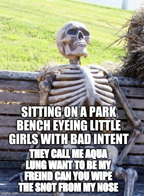 Waiting Skeleton Meme | SITTING ON A PARK BENCH EYEING LITTLE GIRLS WITH BAD INTENT; THEY CALL ME AQUA LUNG WANT TO BE MY FREIND CAN YOU WIPE THE SNOT FROM MY NOSE | image tagged in memes,waiting skeleton | made w/ Imgflip meme maker