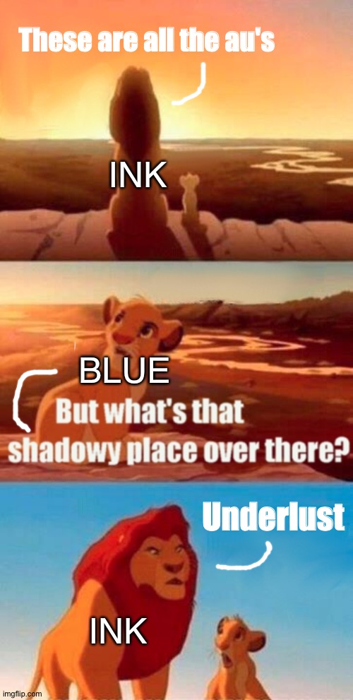 Ink showing Blueberry the Au's in a nutshell | These are all the au's; INK; BLUE; Underlust; INK | image tagged in memes,simba shadowy place,in a nutshell,au,ink sans,sans undertale | made w/ Imgflip meme maker