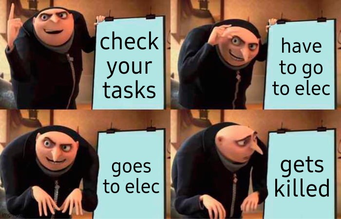 Gru plays Among Us | check your tasks; have to go to elec; goes to elec; gets killed | image tagged in memes,gru's plan | made w/ Imgflip meme maker