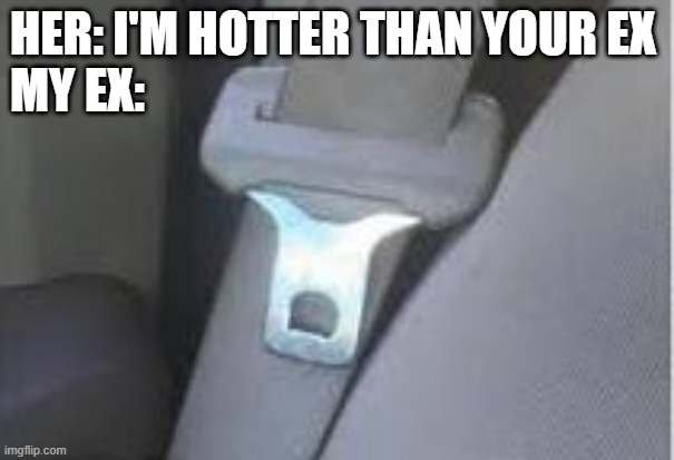 hot | HER: I'M HOTTER THAN YOUR EX
MY EX: | image tagged in hot seatbelt buckle | made w/ Imgflip meme maker