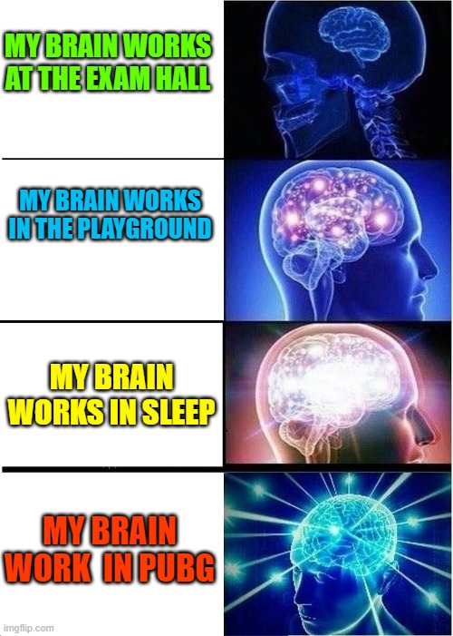Expanding Brain | MY BRAIN WORKS AT THE EXAM HALL; MY BRAIN WORKS IN THE PLAYGROUND; MY BRAIN WORKS IN SLEEP; MY BRAIN WORK  IN PUBG | image tagged in memes,expanding brain | made w/ Imgflip meme maker