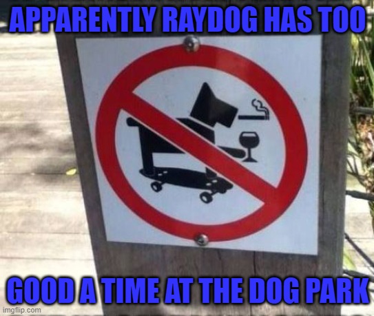 Looks like I got banned from the dog park again... |  APPARENTLY RAYDOG HAS TOO; GOOD A TIME AT THE DOG PARK | image tagged in funny signs,memes,dogs,raydog,funny,animals | made w/ Imgflip meme maker