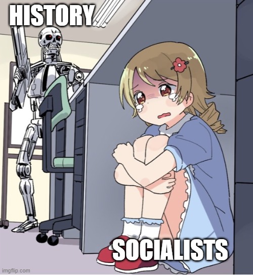 "Oh but that wasn't REAL socialism!!!1!" | HISTORY; SOCIALISTS | image tagged in anime girl hiding from terminator,politics,socialism,history | made w/ Imgflip meme maker