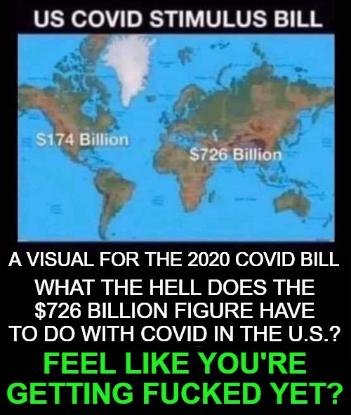 A Visual For the 2020 U.S. COVID Stimulus Bill | FEEL LIKE YOU'RE GETTING FUCKED YET? | image tagged in covidiots,liberals are insane,stupid liberals,liberalism is a mental disorder,term limits,mental health | made w/ Imgflip meme maker