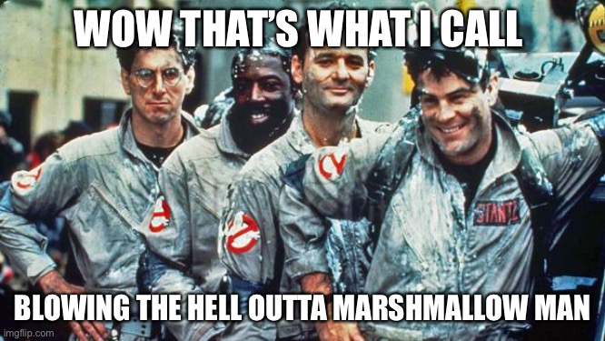 ghostbusters | WOW THAT’S WHAT I CALL; BLOWING THE HELL OUTTA MARSHMALLOW MAN | image tagged in ghostbusters | made w/ Imgflip meme maker