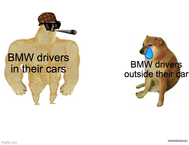 BMW Drivers | BMW drivers in their cars; BMW drivers outside their car; KINSMEME2020 | image tagged in memes,buff doge vs cheems | made w/ Imgflip meme maker