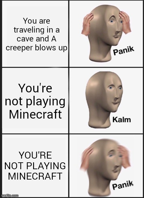 Panik Kalm Panik Meme | You are traveling in a cave and A creeper blows up; You're not playing Minecraft; YOU'RE NOT PLAYING MINECRAFT | image tagged in memes,panik kalm panik | made w/ Imgflip meme maker