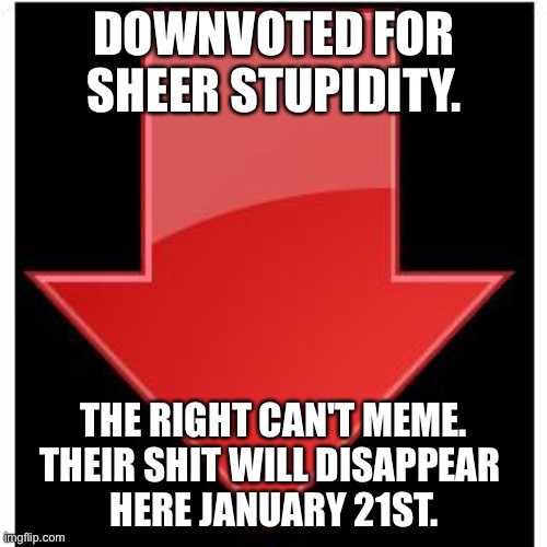 downvotes | DOWNVOTED FOR SHEER STUPIDITY. THE RIGHT CAN'T MEME.
THEIR SHIT WILL DISAPPEAR 
HERE JANUARY 21ST. | image tagged in downvotes | made w/ Imgflip meme maker