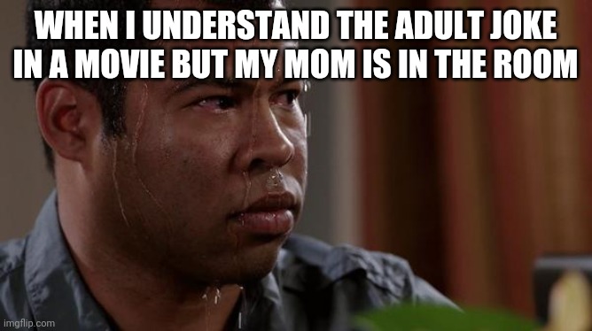 sweating bullets | WHEN I UNDERSTAND THE ADULT JOKE IN A MOVIE BUT MY MOM IS IN THE ROOM | image tagged in sweating bullets | made w/ Imgflip meme maker