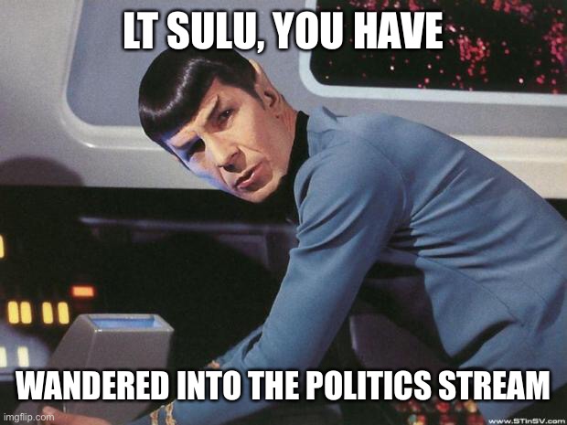 Spock | LT SULU, YOU HAVE WANDERED INTO THE POLITICS STREAM | image tagged in spock | made w/ Imgflip meme maker