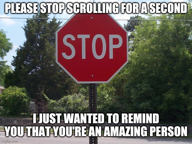 Stop sign | PLEASE STOP SCROLLING FOR A SECOND; I JUST WANTED TO REMIND YOU THAT YOU'RE AN AMAZING PERSON | image tagged in stop sign | made w/ Imgflip meme maker