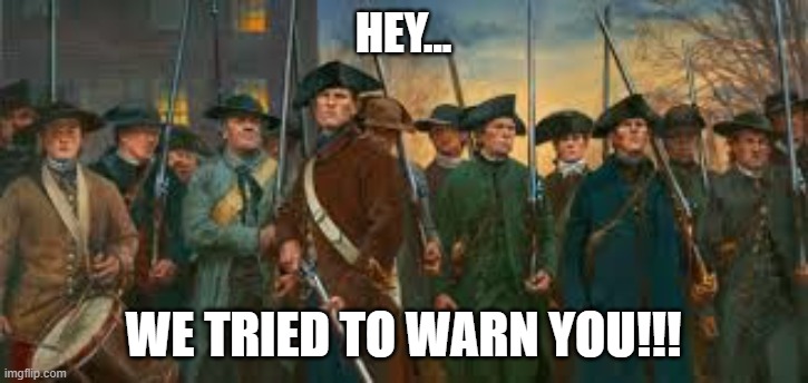 Minutemen | HEY... WE TRIED TO WARN YOU!!! | image tagged in patriots,nwo,resistance | made w/ Imgflip meme maker