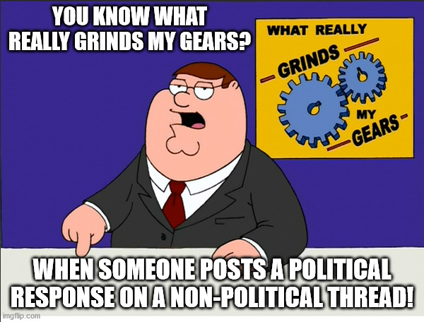 Grinds My Gears | YOU KNOW WHAT REALLY GRINDS MY GEARS? WHEN SOMEONE POSTS A POLITICAL RESPONSE ON A NON-POLITICAL THREAD! | image tagged in peter griffin news | made w/ Imgflip meme maker