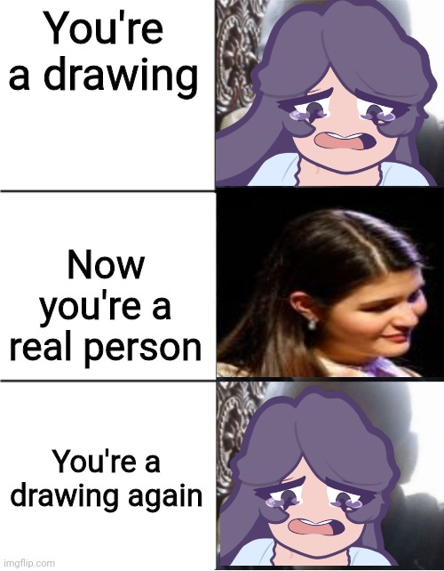 Eliza sad happy sad | You're a drawing; Now you're a real person; You're a drawing again | image tagged in eliza sad happy sad | made w/ Imgflip meme maker