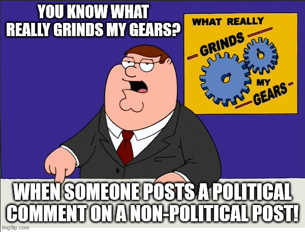 Grinds My Gears | YOU KNOW WHAT REALLY GRINDS MY GEARS? WHEN SOMEONE POSTS A POLITICAL COMMENT ON A NON-POLITICAL POST! | image tagged in peter griffin news | made w/ Imgflip meme maker