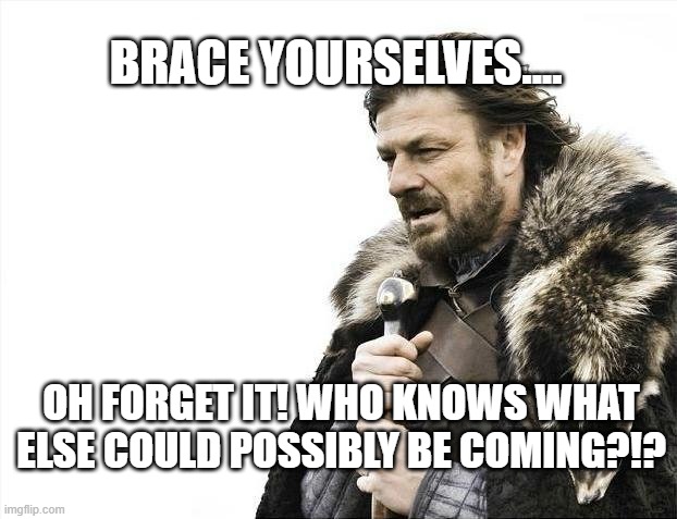 Brace Yourselves X is Coming Meme | BRACE YOURSELVES.... OH FORGET IT! WHO KNOWS WHAT ELSE COULD POSSIBLY BE COMING?!? | image tagged in memes,brace yourselves x is coming | made w/ Imgflip meme maker