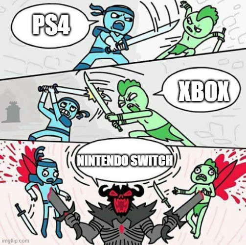 Sword fight | PS4; XBOX; NINTENDO SWITCH | image tagged in sword fight | made w/ Imgflip meme maker