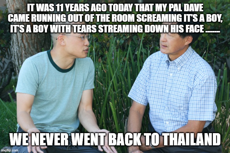stranger things | IT WAS 11 YEARS AGO TODAY THAT MY PAL DAVE CAME RUNNING OUT OF THE ROOM SCREAMING IT’S A BOY, IT’S A BOY WITH TEARS STREAMING DOWN HIS FACE ........ WE NEVER WENT BACK TO THAILAND | image tagged in two guys | made w/ Imgflip meme maker