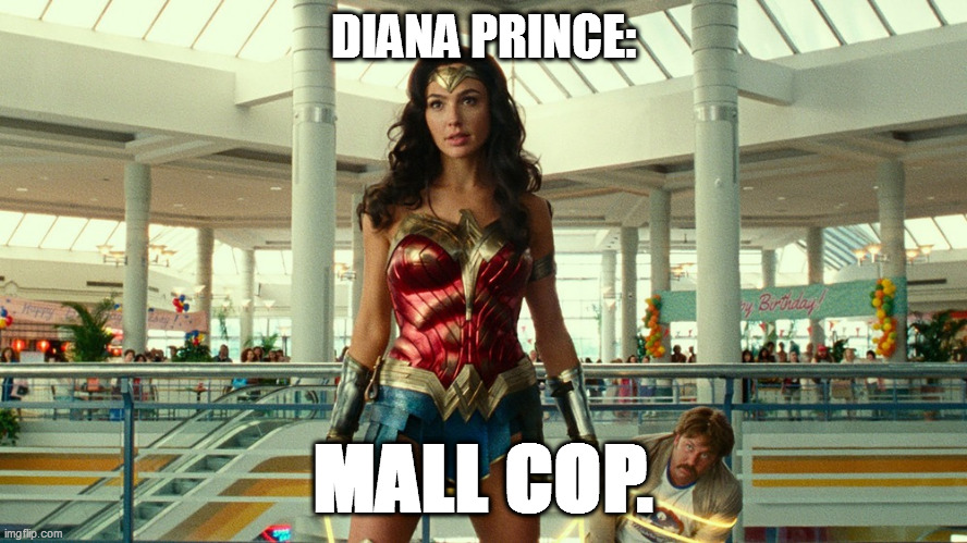 New sequel out now. | DIANA PRINCE:; MALL COP. | image tagged in wonder woman,mall cop | made w/ Imgflip meme maker