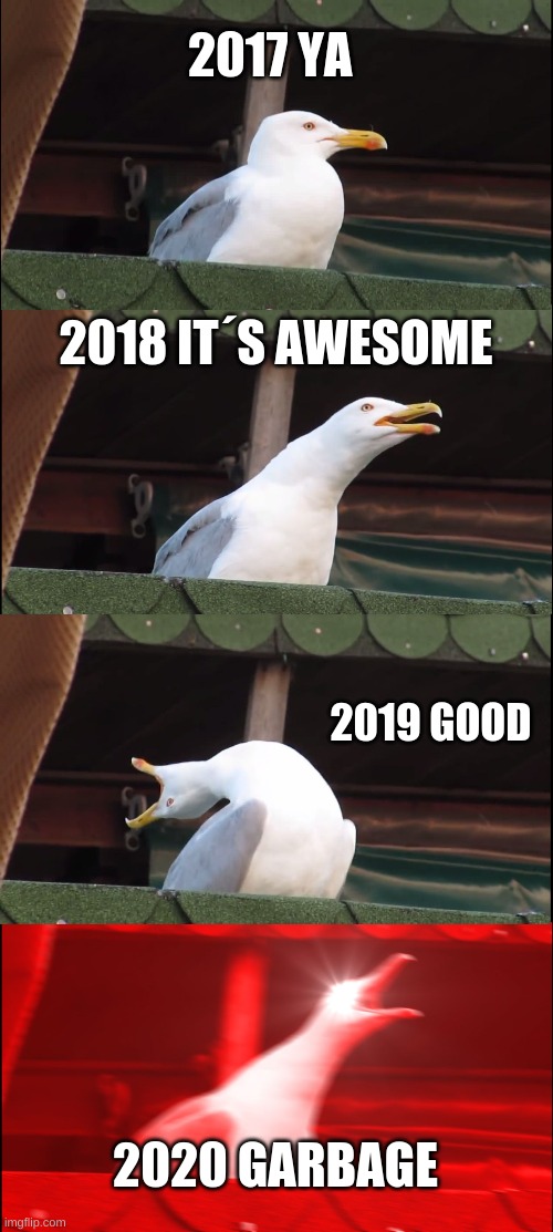 Inhaling Seagull | 2017 YA; 2018 IT´S AWESOME; 2019 GOOD; 2020 GARBAGE | image tagged in memes,inhaling seagull | made w/ Imgflip meme maker