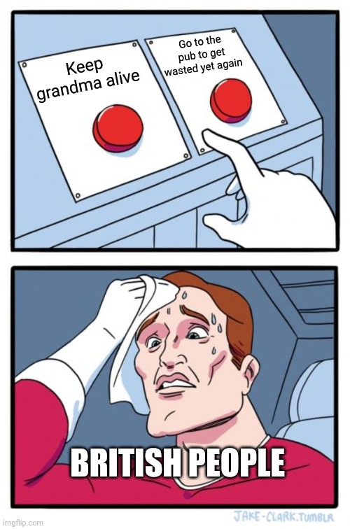 Two Buttons | Go to the pub to get wasted yet again; Keep grandma alive; BRITISH PEOPLE | image tagged in memes,two buttons | made w/ Imgflip meme maker
