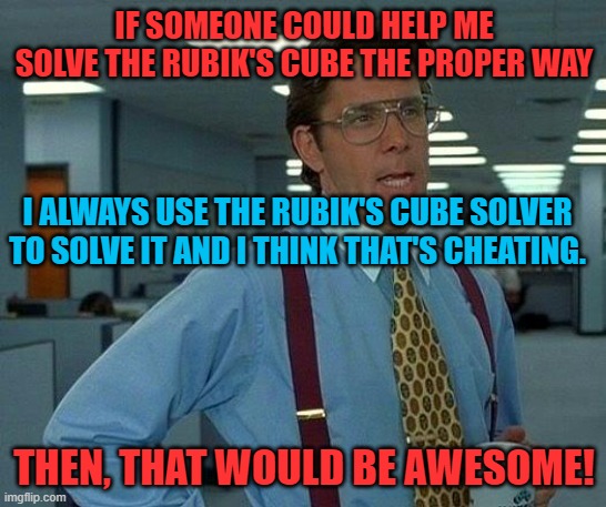 That Would Be Great Meme | IF SOMEONE COULD HELP ME SOLVE THE RUBIK'S CUBE THE PROPER WAY; I ALWAYS USE THE RUBIK'S CUBE SOLVER TO SOLVE IT AND I THINK THAT'S CHEATING. THEN, THAT WOULD BE AWESOME! | image tagged in memes,that would be great | made w/ Imgflip meme maker