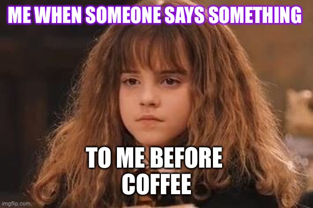 Harry Potter - Miss Granger is NOT amused | ME WHEN SOMEONE SAYS SOMETHING; TO ME BEFORE 
COFFEE | image tagged in harry potter - miss granger is not amused,me monday morning | made w/ Imgflip meme maker