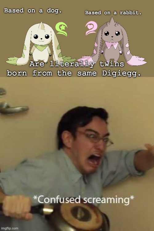 filthy frank confused scream | Based on a rabbit. Based on a dog. Are literally twins born from the same Digiegg. | image tagged in filthy frank confused scream,digimon | made w/ Imgflip meme maker