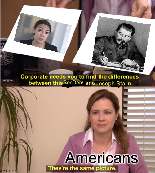 Libs aren’t comrades | SocDem; Joseph Stalin. Americans | image tagged in memes,they're the same picture,neoliberalism,neocons,america,communism | made w/ Imgflip meme maker