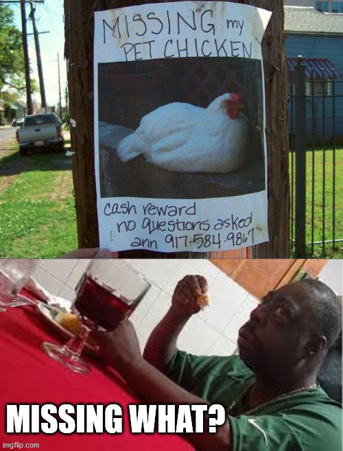 MISSING WHAT? | image tagged in guy eating chicken | made w/ Imgflip meme maker